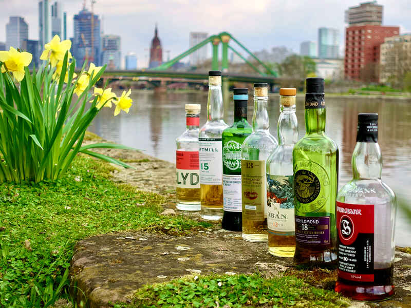 Whisky Flaschen vor Frankfurt Panorama